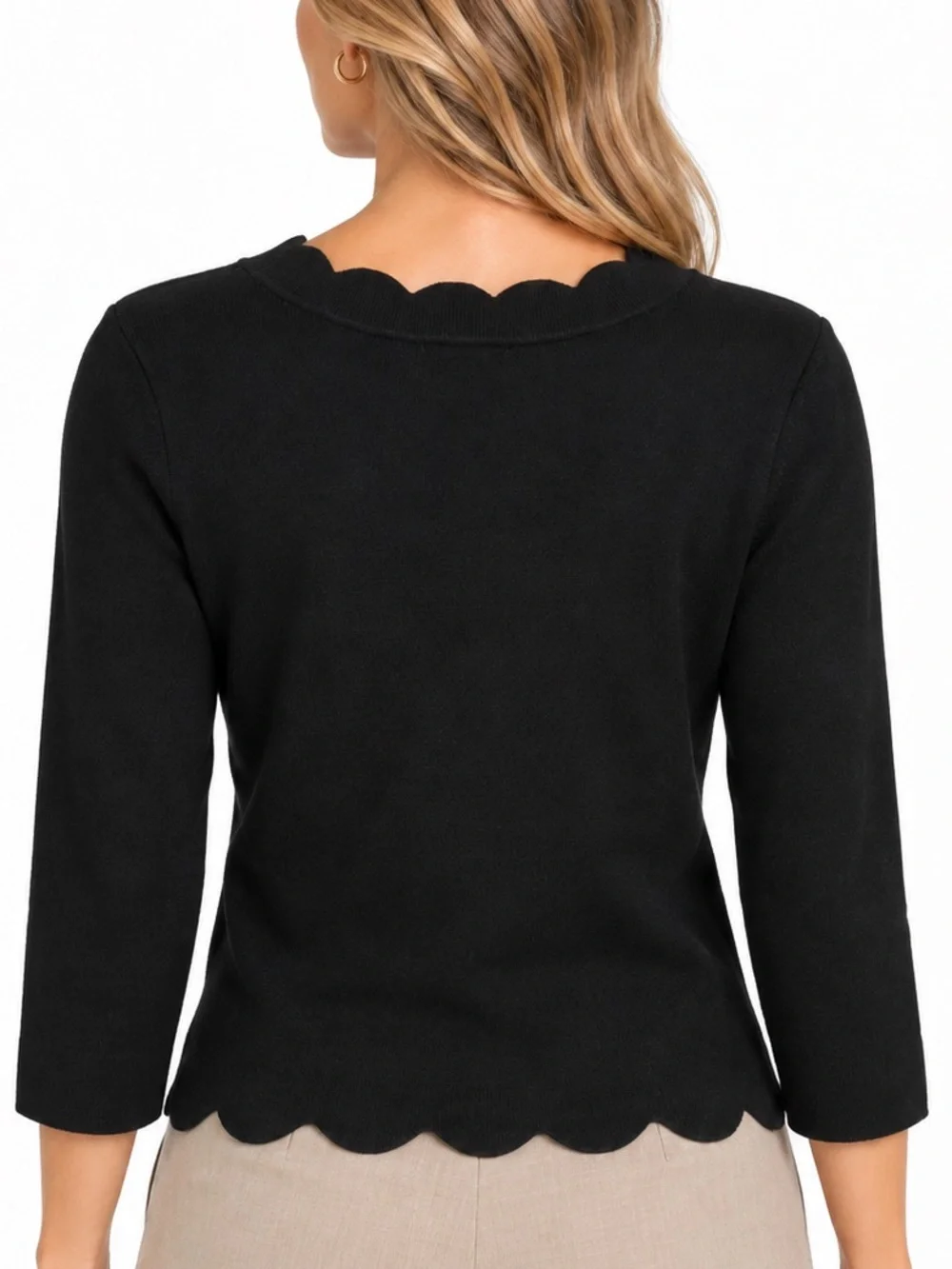 Halogen Chic Black Scallop Edge Sweater Medium Petite Minimalist Cotton Blend